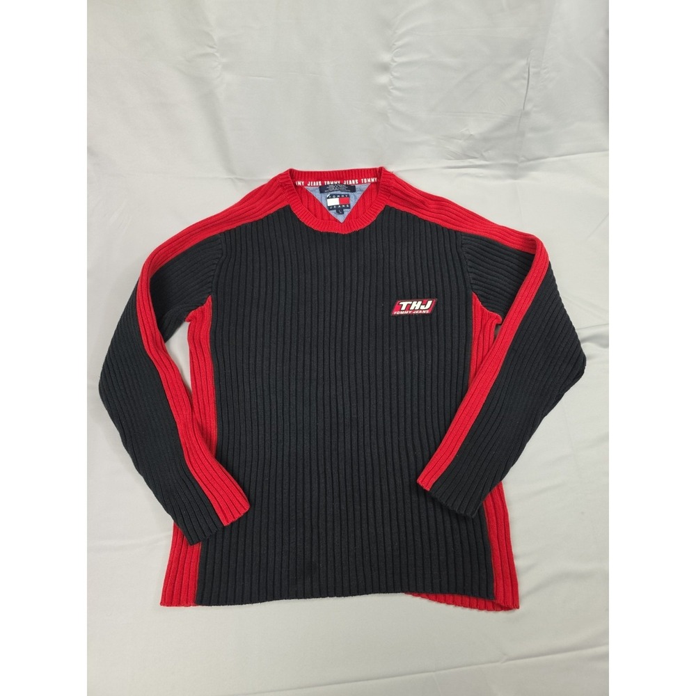Vintage Y2K Tommy Jeans Ribbed Sweater‎ Men Large Black Red Embroidered Logo